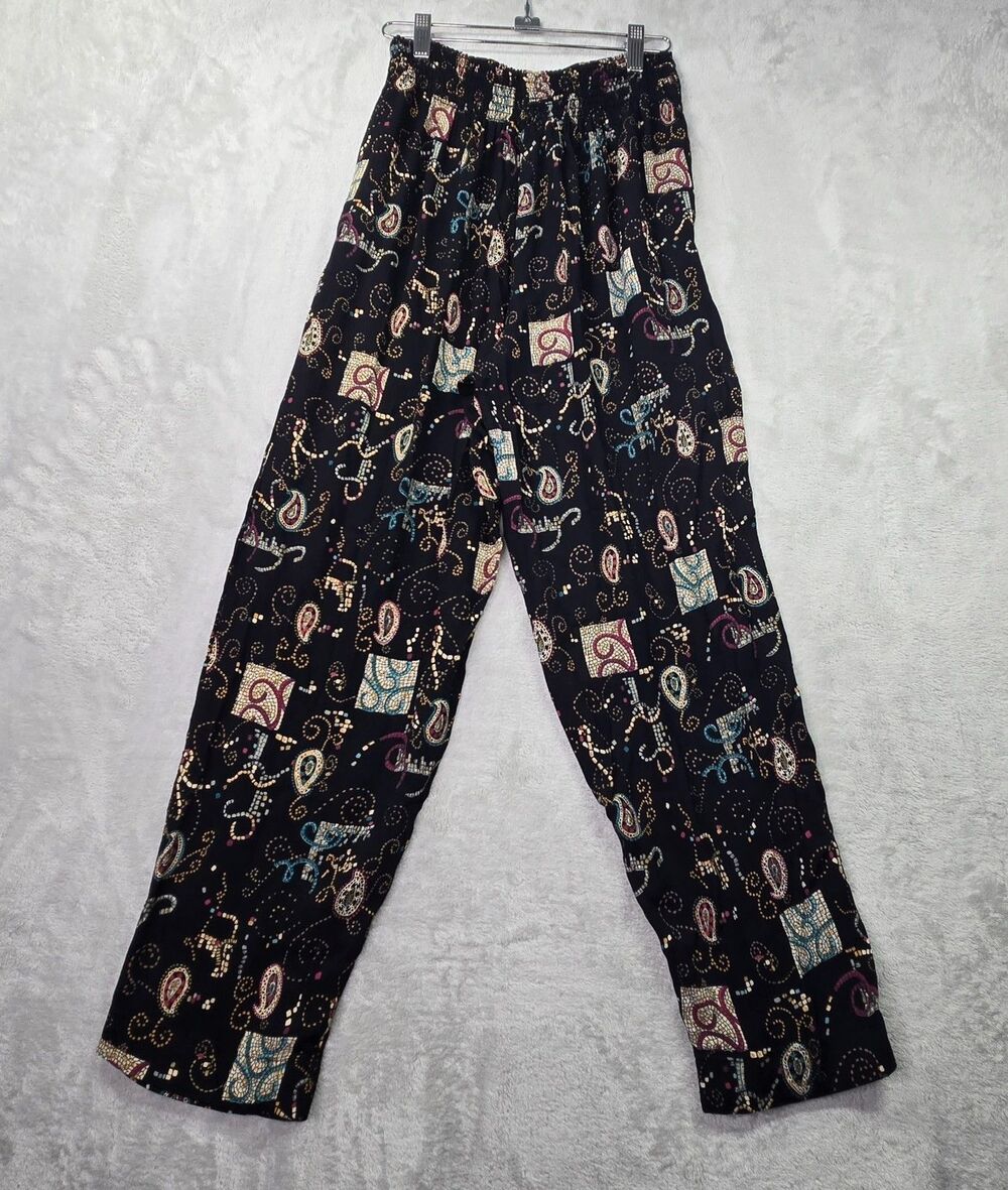 Carole Little Petites Women's 10 Pants Pull On 80s VTG Black Paisley Print